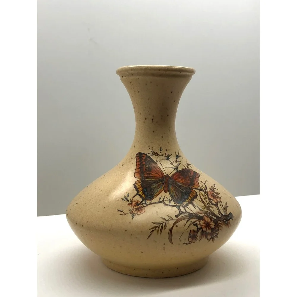 Vintage Ceramic Butterfly Floral Bud‎ Vase Speckled Cream Nature Decor 5 Inch